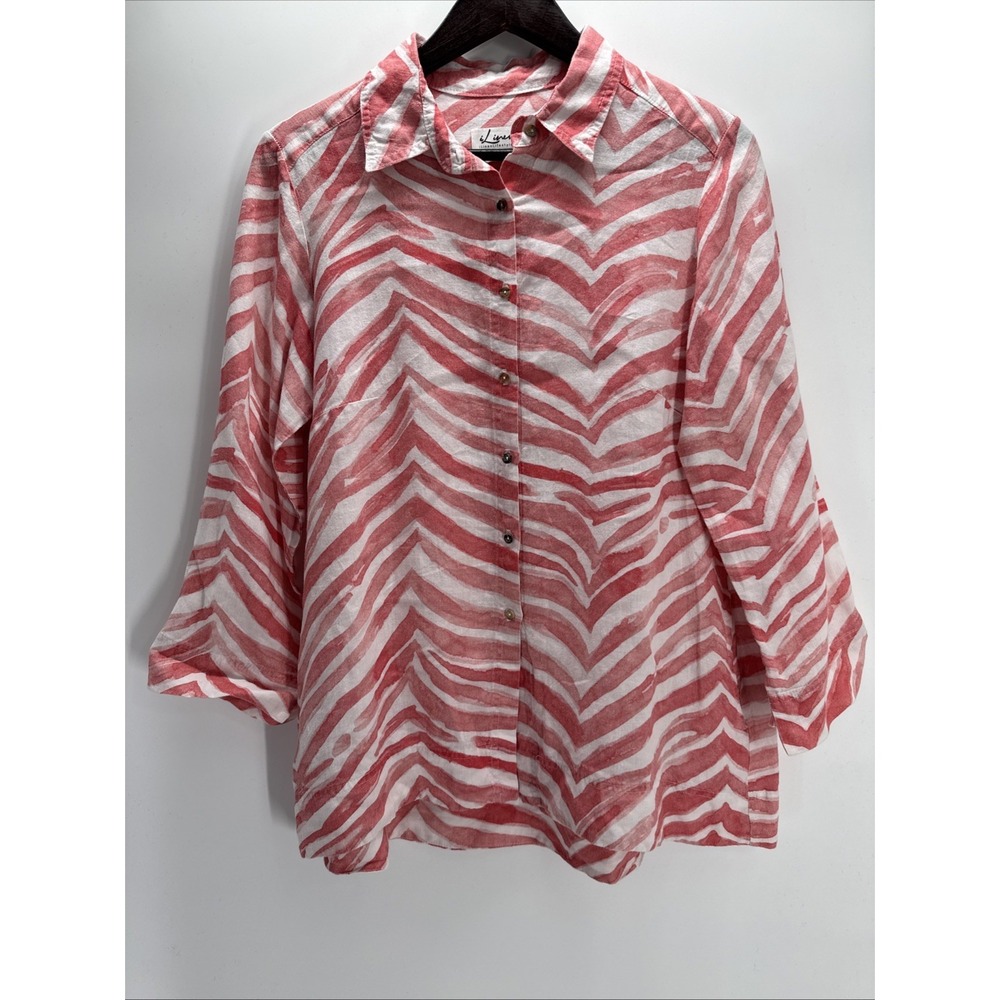 iLinen Womens Large Classic Button Front Shirt Coral Zebra 3/4 Sleeve Pockets‎